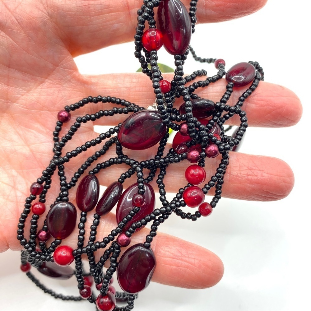 Black Seed Beads & Red Glass Beads Multi-strand Necklace Artisan Made